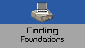 Coding Foundations logo, a laptop sitting on a rock